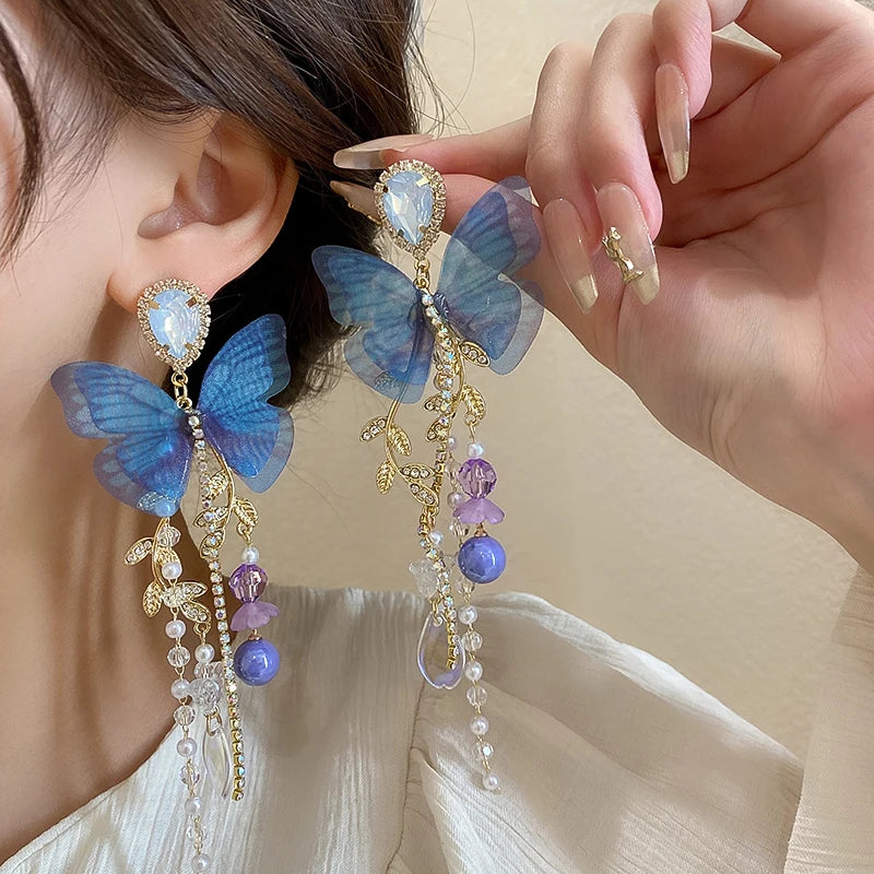 Pink Butterfly Earrings With Long Tassel Sparkly Zircon Crystal Imitation Pearl Beads Earrings Light Luxury Party Ear Jewelry.