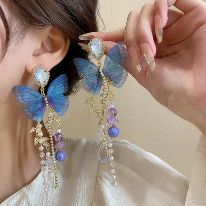 Pink Butterfly Earrings With Long Tassel Sparkly Zircon Crystal Imitation Pearl Beads Earrings Light Luxury Party Ear Jewelry.