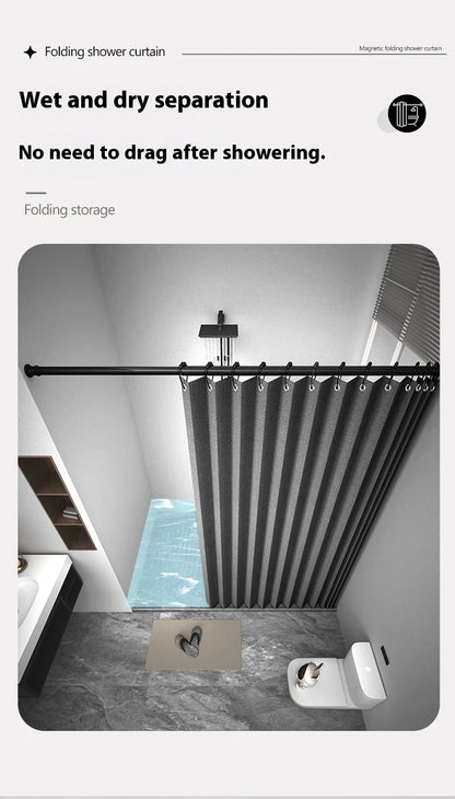 Badezimmer Faltbarer Duschvorhang aus Leinen mit Magneten, wasserdicht, geeignet für begehbare Duschen, Teleskopstange nicht im Lieferumfang enthalten