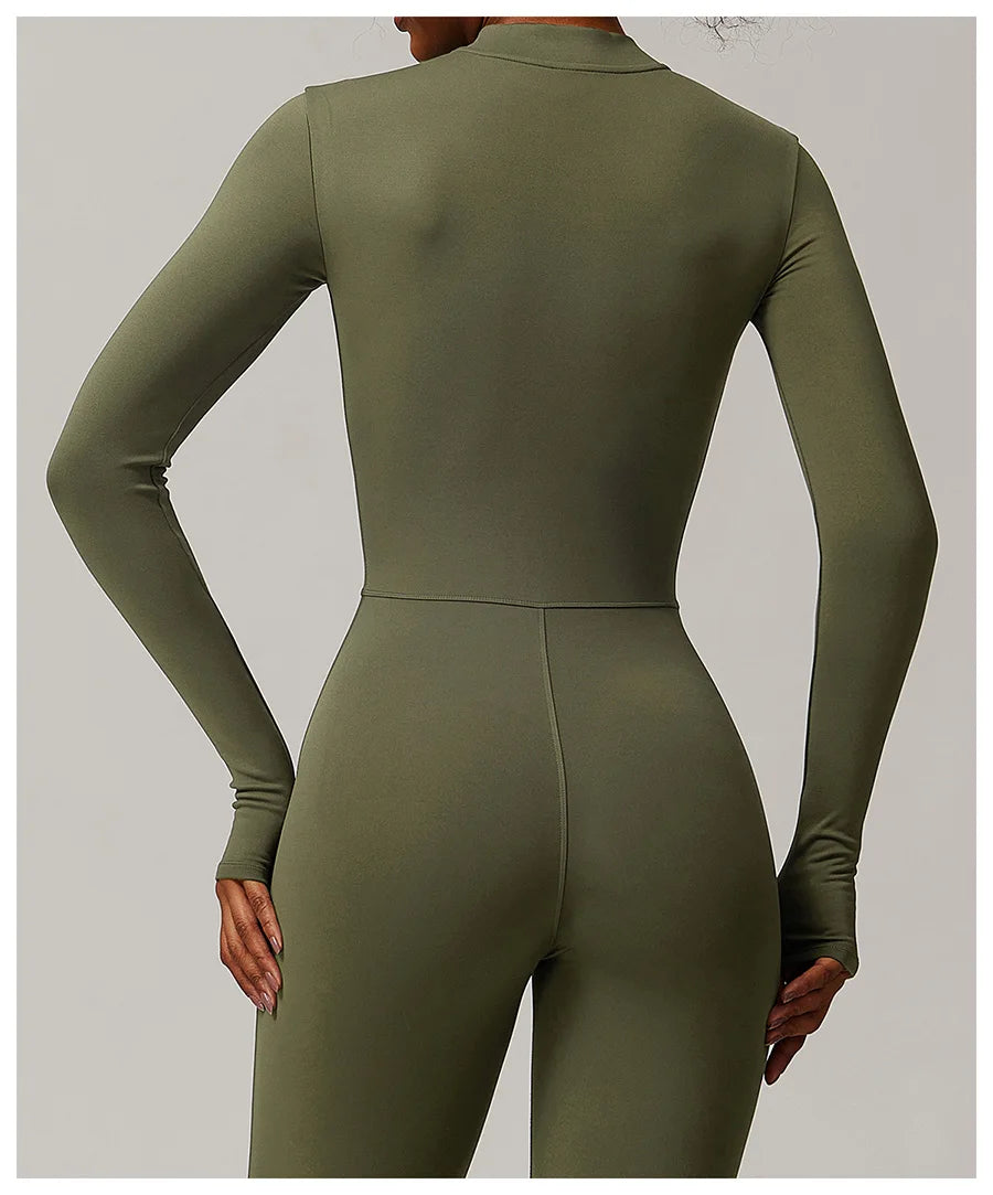 Zipper Workout Jumpsuit Sports Overalls Women Gym Clothing Running Long Sleeves Fitness Gym Tracksuit Short Sportswear Yoga Set.