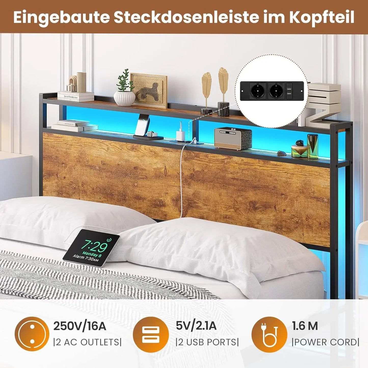 140x200 mit Gitterrahmen, integrierte LED-Beleuchtung und Ladestation (2 AC-Steckdosen, 2 USB-Anschlüsse), Bett 140x200 Mit Lattenrost Au