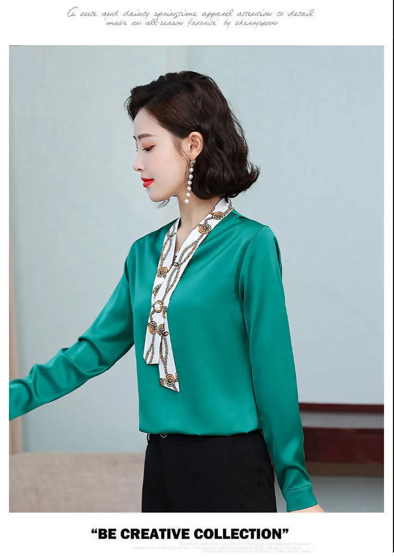 Women's fashionable streamer tops fashionable and elegant small fragrance style covering the belly satin shirt.
