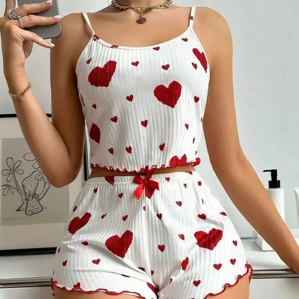 Zweiteiliges Set Sommer dünner Pyjama Homewear Set Polyester Freizeitanzug einfarbig Sling Shorts Damen.