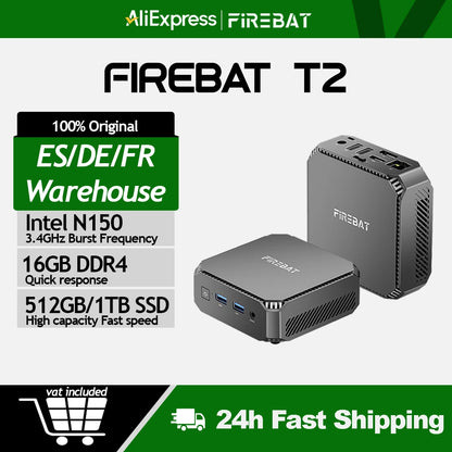FIREBAT T2 Mini PC Intel N150 CPU Windows 11 DDR4 16GB RAM 512GB SSD WIFI5 BT4.2 Desktop Mini Computer For Work/Entertainment.