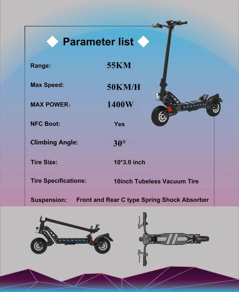 Drive Tron DT10 1400W Power Motor 48V 15.6AH Battery 10inch Folding E-Scooter Off-road Electric Scooters.