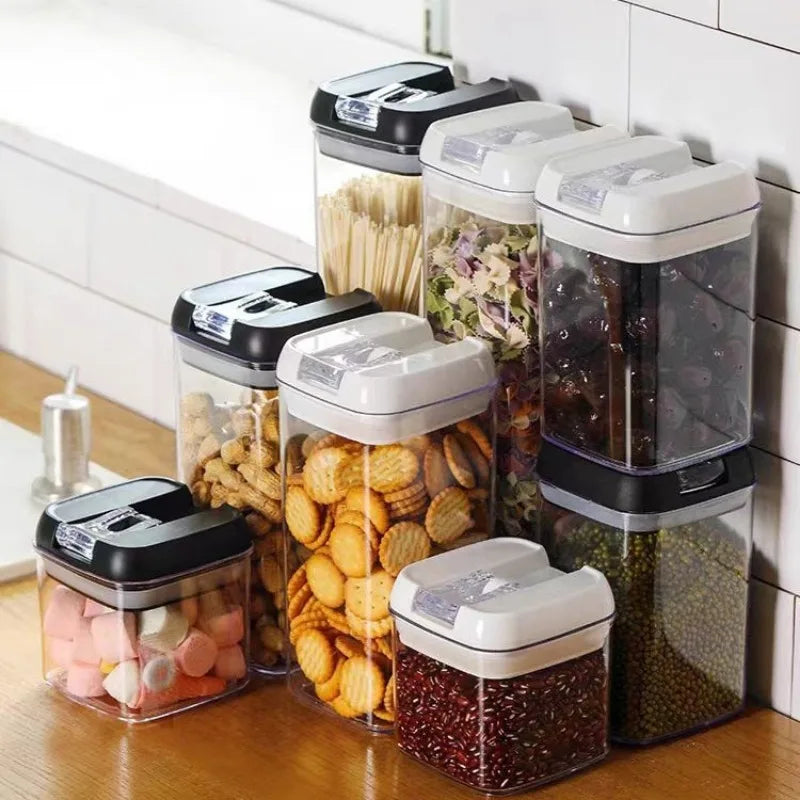Kitchen Plastic Container Organizer Moisture-Proof Sealed Tank Square Transparent Grain Storage Jar Dried Fruit Snack Box Cans.