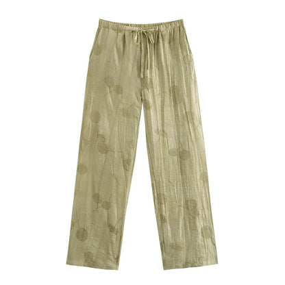 Women Print Long Pants Sets For Women Lapel Half Sleeve Single Breasted Shirts + High Waist Lace-Up Wide Leg Pants