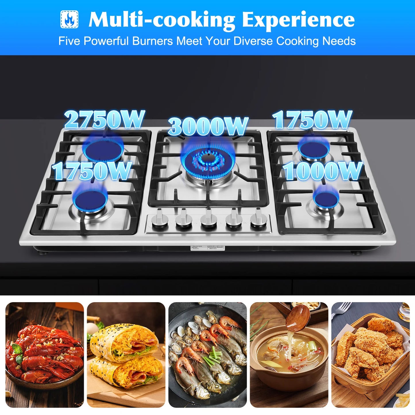 Stainless Steel Gas Cooktop with 5 Burners Electronic Pulse Ignition Built-in 3kw 2.75kw 1.75kw 1.75kw 1kw Gas Cooktop.