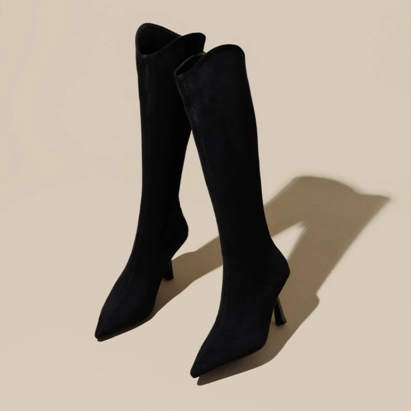 Vintage Pointed Toe Women Stretch Slim High Boots Fashion Back Zippers Shoes Autumn Winter High Heel Ladies Knight Long Booties
