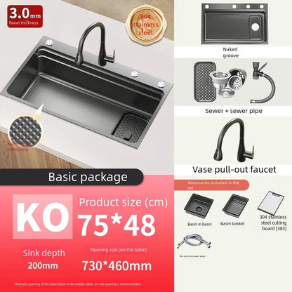 Black 304 Stainless Steel Kitchen Sink Household Multifunction Wash Dish and Vegetables Basin Large Single Slot Undermount Basin