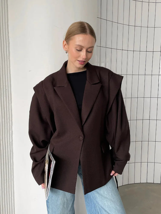 Fashion Solid Revers Hals Schulter Pad Anzug Jacke Frauen Langarm Eine Taste Spitze Up Mantel 2025, Herbst Neue Highstreet Büro Tragen