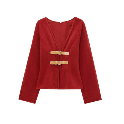 Women Fashion With Belt Woolen Jacket Coat V Neck Long Sleeve Female Outerwear Chic Tops.