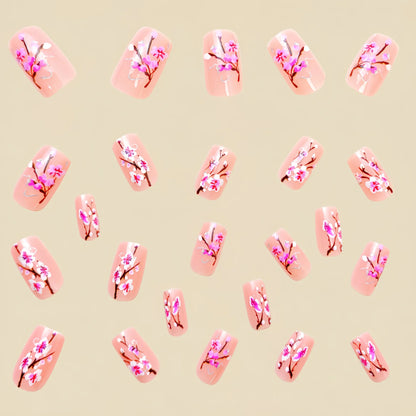 24pcs/set short medium long fake nails for Spring summer season gradient peach flowers butterfly heart press on false nail art.
