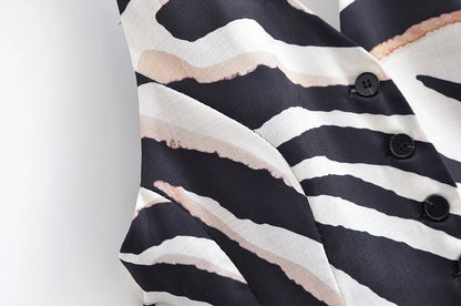 HH Women Pants Suit Fashion Zebra Stripes Single Breasted Sexy Sleeveless V-Neck Top+High Waist Zipper Casual Wide Leg Pants