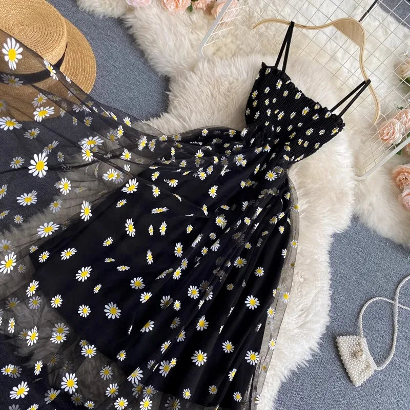 Frauen Kleid 2023 Neue Sommer Mode Fee Mesh Party Kleid Koreanische Pop Floral Print Urlaub Strand Kleid Streetwear Sommerkleid.