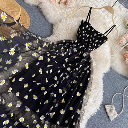 Frauen Kleid 2023 Neue Sommer Mode Fee Mesh Party Kleid Koreanische Pop Floral Print Urlaub Strand Kleid Streetwear Sommerkleid.