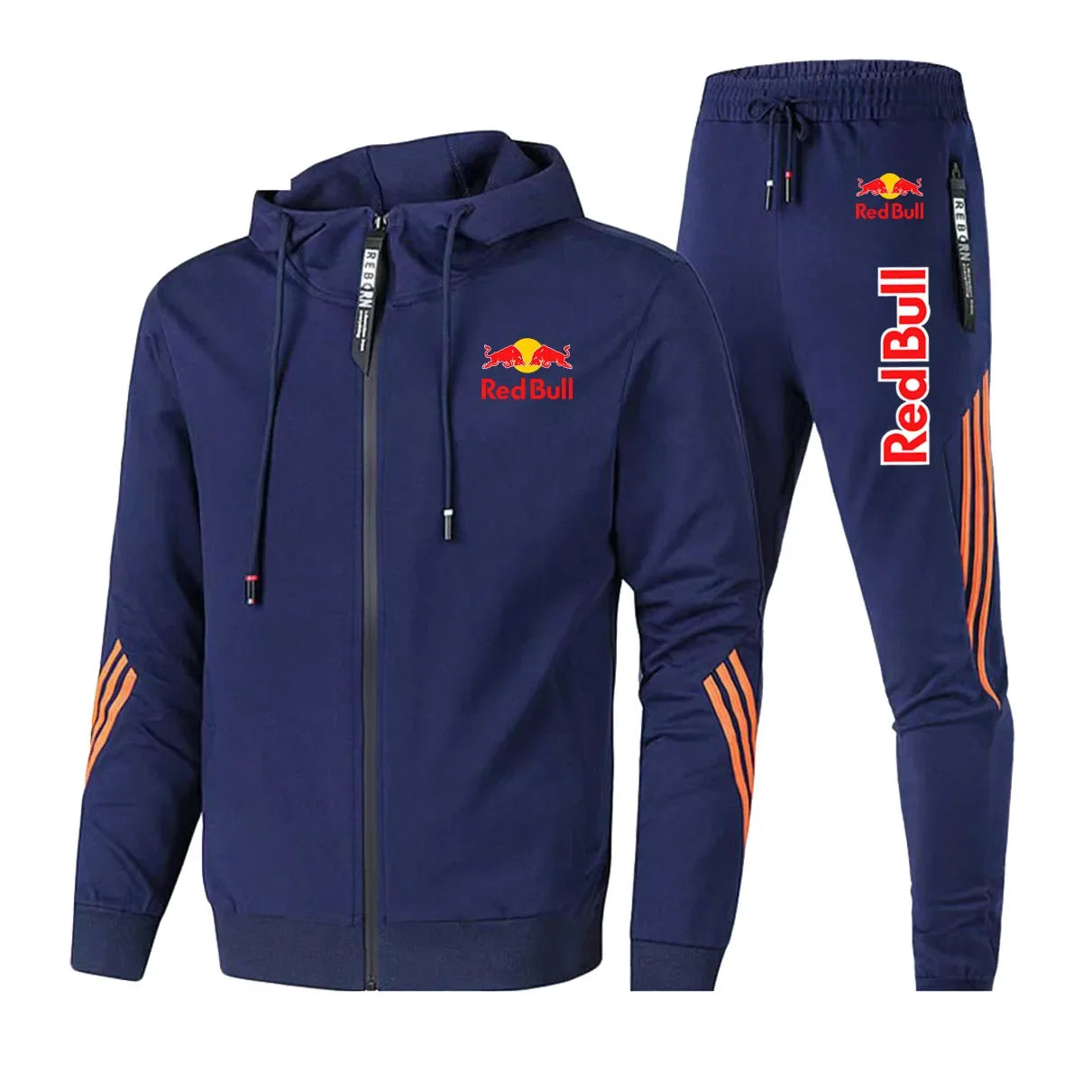 2025 Red Bull Brand Logo Printed Men's Zipper Hoodie With Casual Trousers Cycling Sports Two-piece Solid Color Simple Men's Suit.
