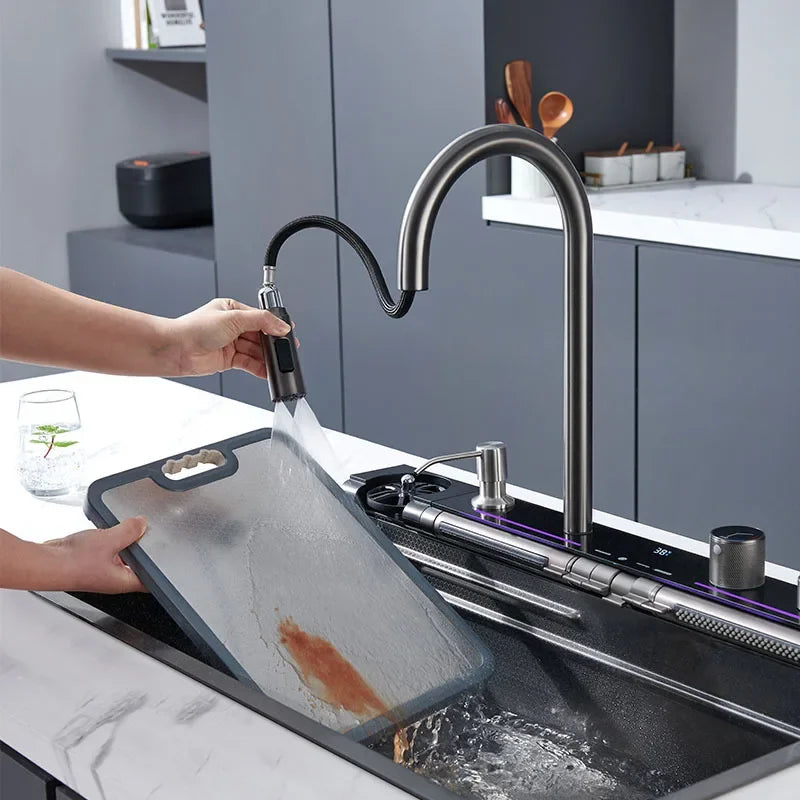 304 Edelstahl Wasserfall Küchen spüle große Einzels chlitz integrierte Digital anzeige Wasserhahn Set Seifensp ender Tasse Waschmaschine