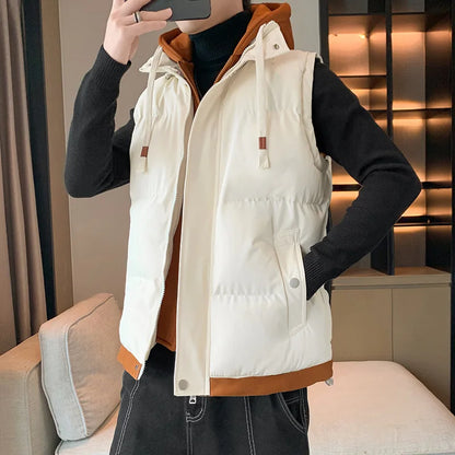Men Windproof Hooded Vest Men Jacket Sleeveless Vest Winter Jacket Casual Coat Men Down Cotton Warm Thicken Waistcoat Thick Coat.