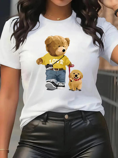 Summer and Spring Women's Short sleeved Round Neck Casual Top T-shirt with Teddy Bear Pattern.