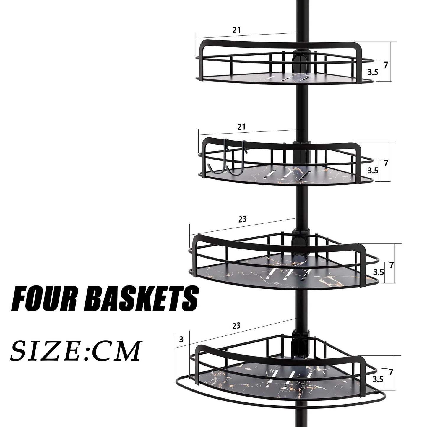4-stufiges verstellbares Eck-Duschregal (82–296 cm) – kein Bohren, Spannstange, dreieckiger Organizer für Badezimmer, Küche, Aufbewahrung mit Haken