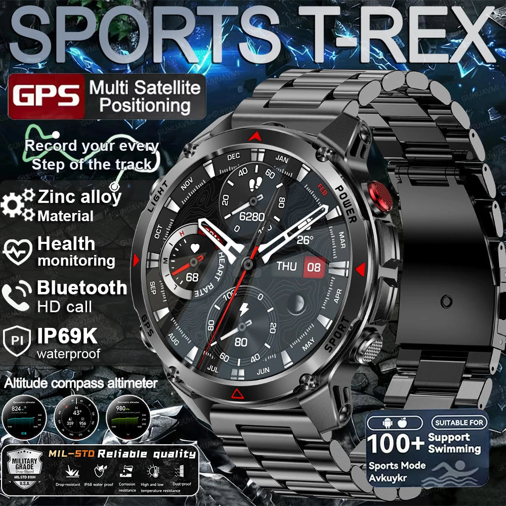 2025 New Military T-Rex 3 GPS Sports SmartWatch Compass Altimeter IP69K Waterproof Battery Call heart rate Fitness Bracelet Men.