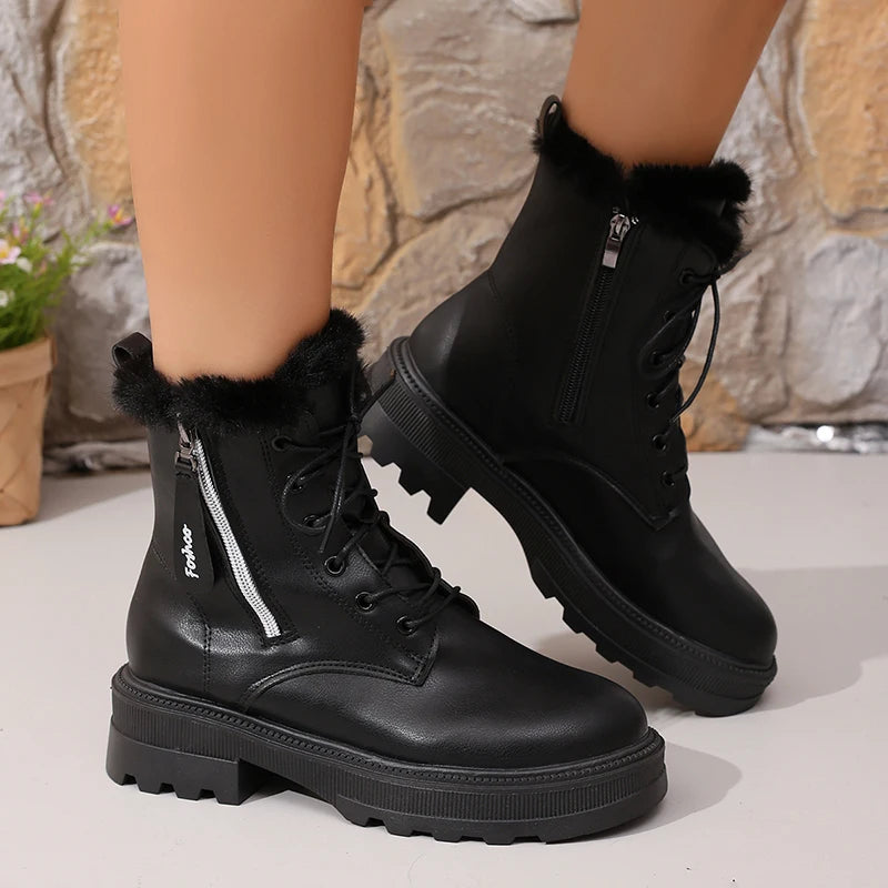 Women's Autumn Winter Ankle Boots Thick Sole Warm Plush Cotton Shoes Woman Fashion Black White Pu Leather Platform Botas Mujer.