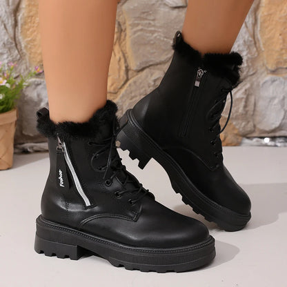 Women's Autumn Winter Ankle Boots Thick Sole Warm Plush Cotton Shoes Woman Fashion Black White Pu Leather Platform Botas Mujer.