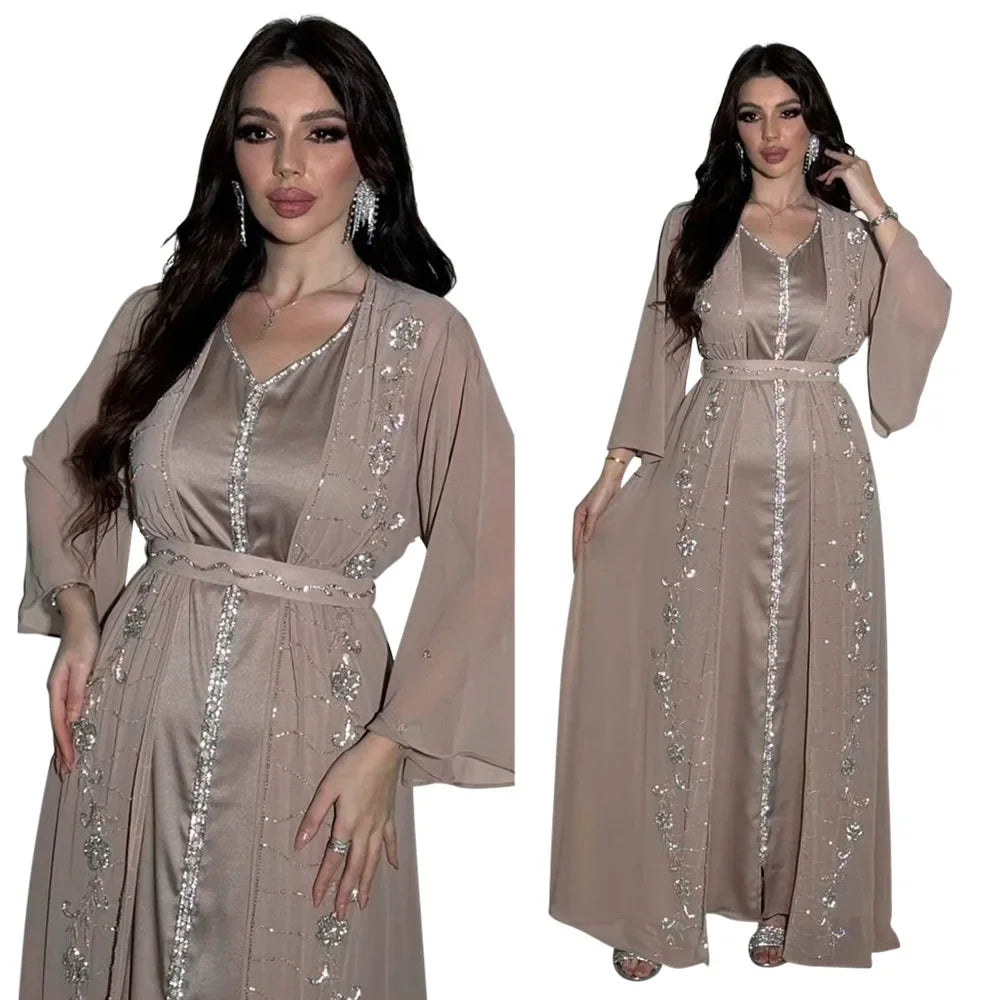 Muslim Set Dress Women Four-season Commute Muslim Set Fashion Party Dubai Turkey Long Sleeve Chiffon Cardigan Dress and Vest 2ps.