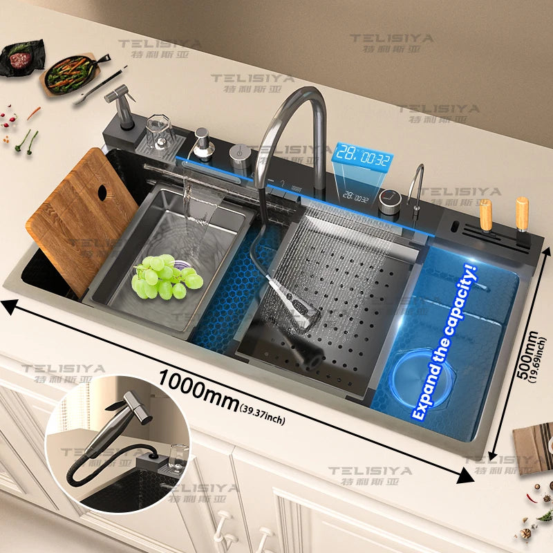 Goldenes Edelstahl-Wasserfall-Küchenspülbecken, multifunktional, groß, Einzelschlitz, Digitalanzeige, Geschirrspülbecken
