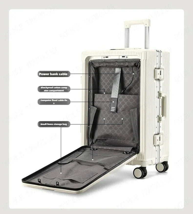 Vorne öffnender Rollgepäckkoffer mit großer Kapazität, Aluminiumrahmen, ABS + PC-Trolley, Koffer, USB-Lade-Boarding-Koffer.