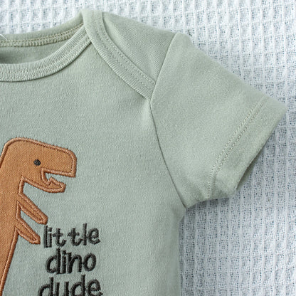 3-teiliges Sommer-Baby-Body, dreiteiliges Set mit Cartoon-Dinosaurier-Muster und Streifenmuster, Knopf-Design für Jungen im Alter von 0–9 Monaten