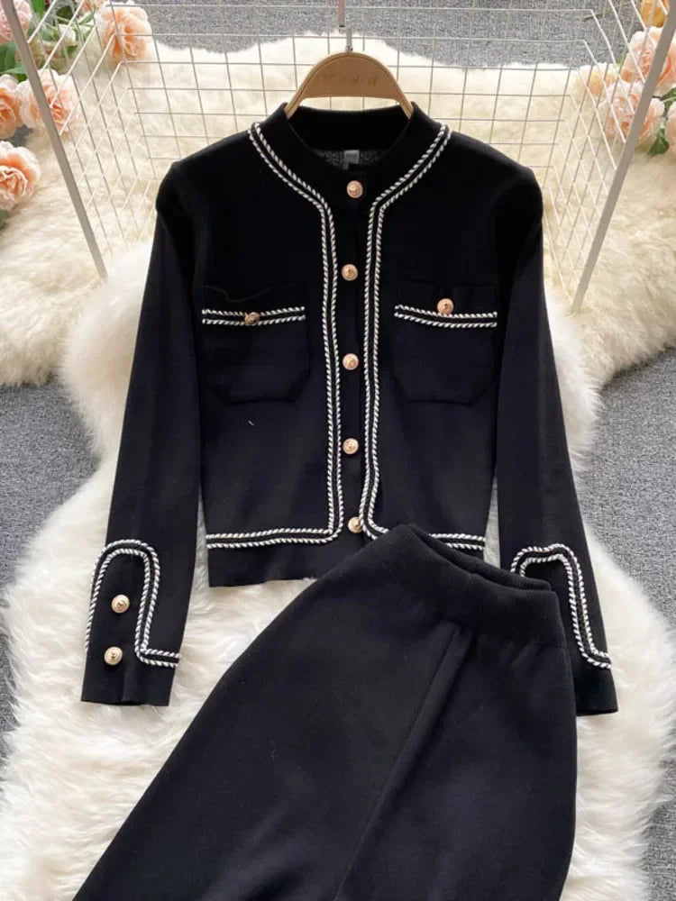 New Autumn Korean Fashion Casual Knit Two Piece Set Women Sweater Cardigan Crop Top + Wide Leg Pant Suits Tracksuit 2 Piece Sets.