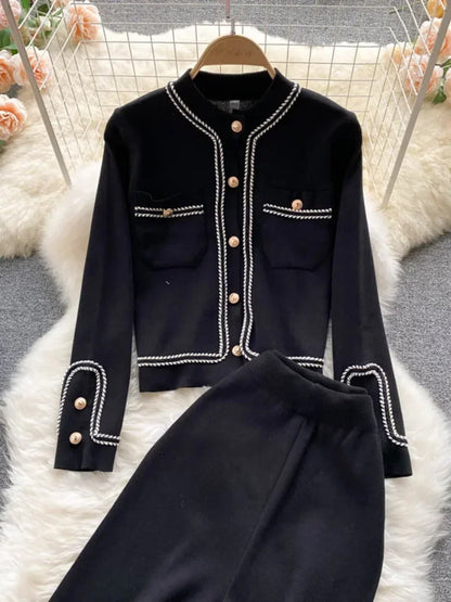 New Autumn Korean Fashion Casual Knit Two Piece Set Women Sweater Cardigan Crop Top + Wide Leg Pant Suits Tracksuit 2 Piece Sets.