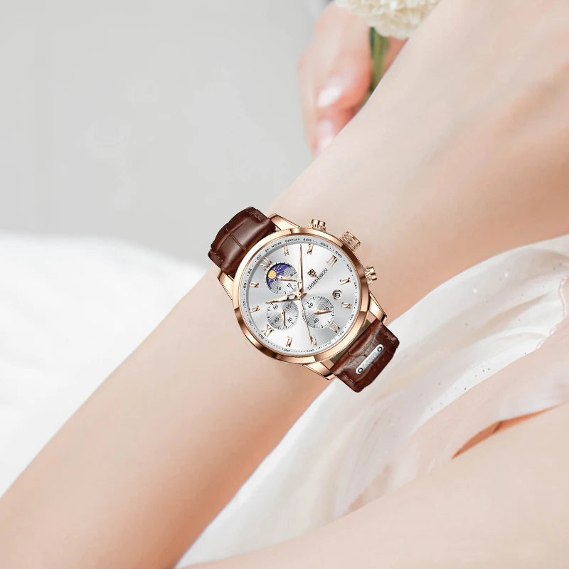 LIGE Luxury Fashion Women Watch Leather Strap Waterproof Casual Sport Quartz Wristwatch 24 hour Moon Phase Clock Watch for Women.
