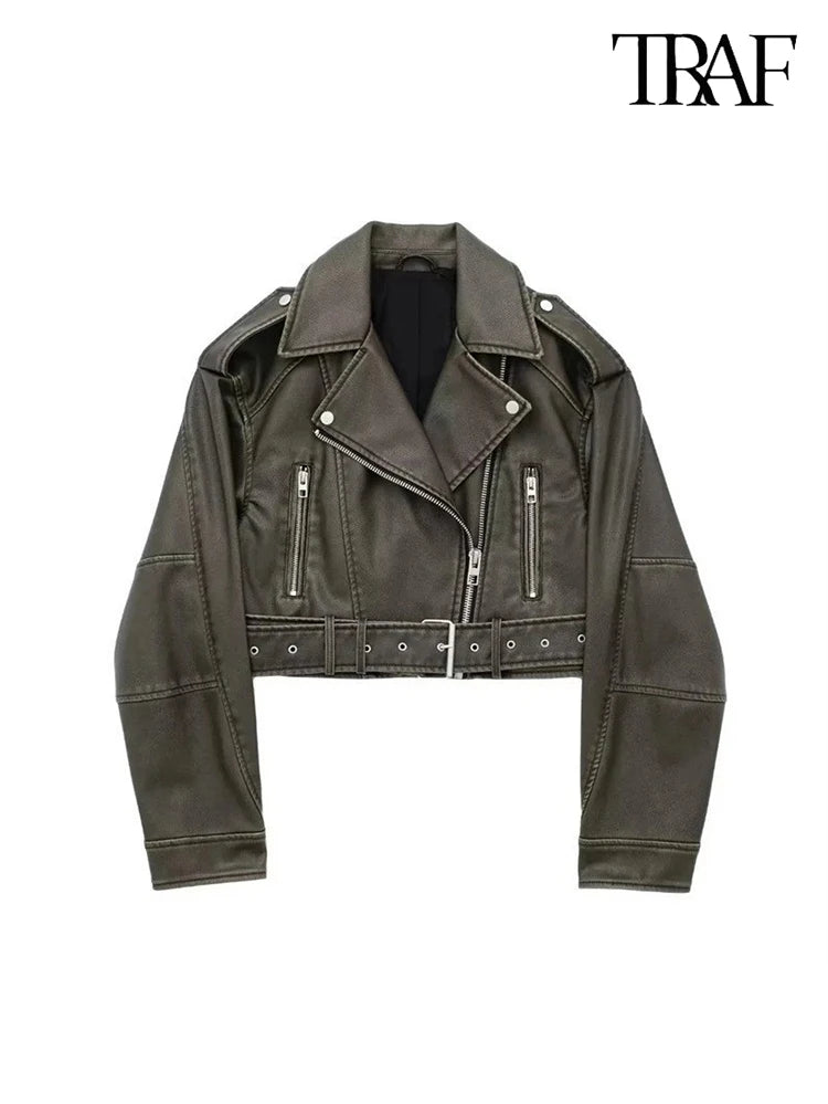 TRAF Damen Vintage lose Lederjacke Gürtel Schulter Abzeichen Zip Revers Jacke Handsome Washed Leder Motorrad Kleidung