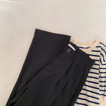 Hohe Taille Frauen Anzug Hosen fallen gerade Büro Damen koreanische Mode Hosen lässig Knopf lose weibliche schwarze Hosen neue 2024