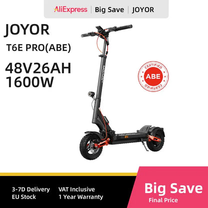 JOYOR T6E PRO（ABE) Adult Electric Scooter 500W Motor 48V26AH Battery E-Mountain Escooter 10" Off-Road Tire Foldable E-Scooter.