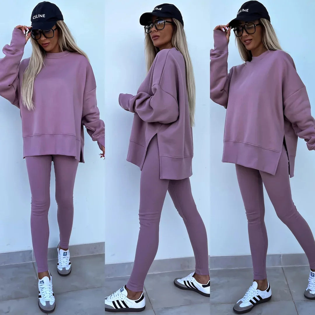 Women Pant Sets Two Pieces Tracksuit Solid Loose Sweatshirts Split Pullover Pencil Pants High Street Autumn Winter 2024.