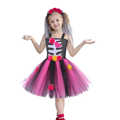 Halloween Kinder Kleid Cosplay Herz druck Skelett Kostüme Mädchen Blumen Schädel Tutu Kleidung Kinder Karneval Leistung Outfits