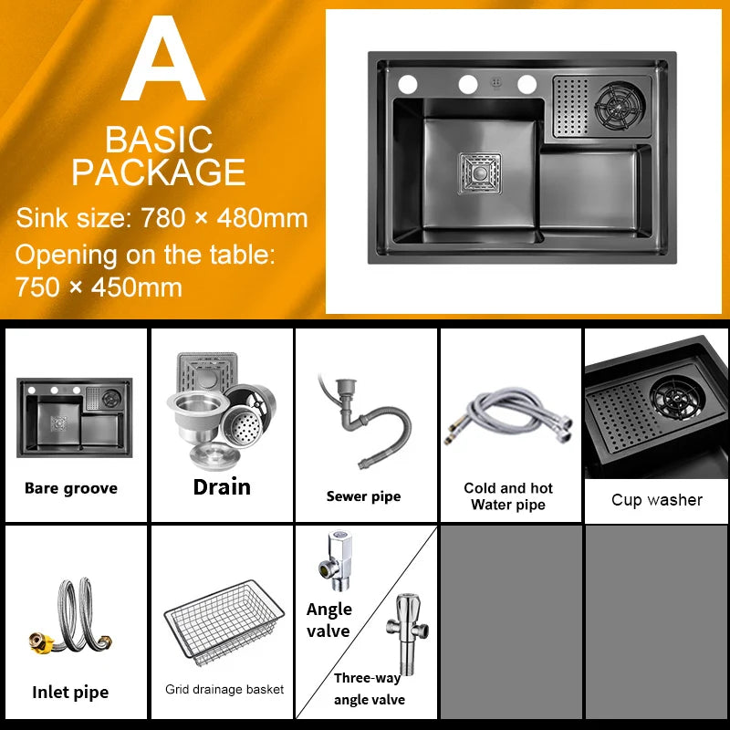 Stainless Steel Kitchen Sink Stepped Large Single Slot Wash Dish Vegetables Basin Multifunctional With Cup Washer Knife Holder