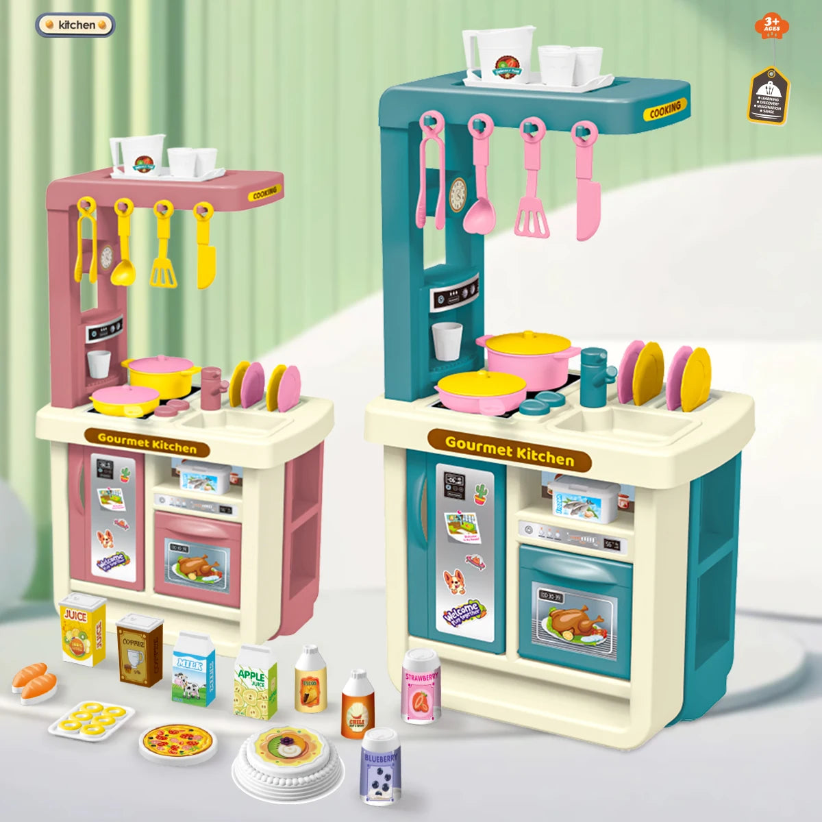 Mini Play Food Toys Kitchen Playset Accessories, Pretend Play Pizza Cake Milk Bread Pans Fork for 3+ Boys and Girls.