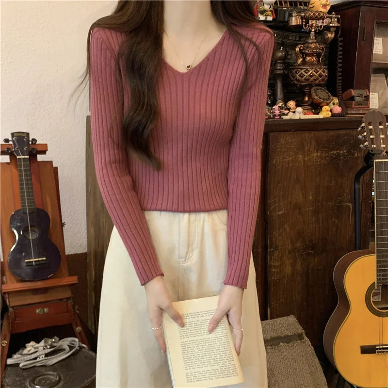 2025 einfarbig Schlank Pullover Koreanische Herbst Winter V-ausschnitt Pullover Mode Lässig Langarm Gestrickte Pullover Frauen Kleidung
