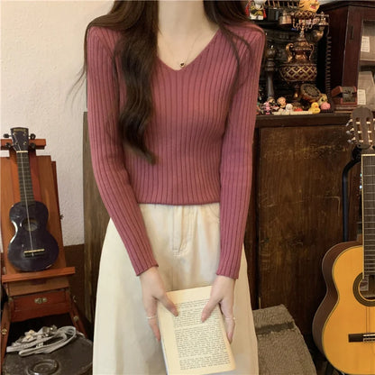 2025 einfarbig Schlank Pullover Koreanische Herbst Winter V-ausschnitt Pullover Mode Lässig Langarm Gestrickte Pullover Frauen Kleidung