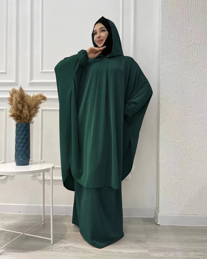 Eid Hooded Abaya 2 Piece Set Long Hijab Khimar Muslim Women Dress Prayer Jilbab Ramadan Gown Abayas Skirt Sets Islamic Clothes.