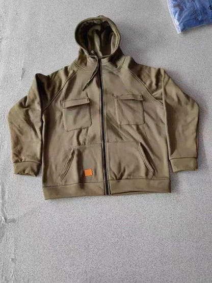 New Autumn Winter Men's Hooded Solid Hoodies Jackets Multi Pockets Male Zipper Sweatshirts Sports Outdoor Casual Hoodie Coat.