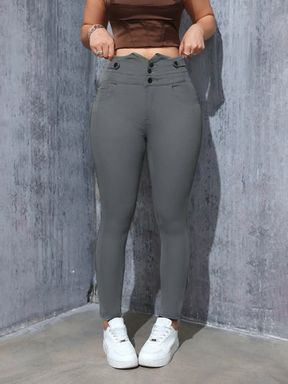 High Waist Elastic Denim Pants Slim Fit Women's Ankle Length Jeans Decorative Button Casual Fashionable Trousers.