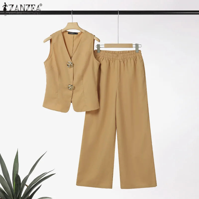 ZANZEA 2025 Summer Outfits Women Fashion Matching Sets V Neck Sleeveless Tanks Tops Trousers Suit 2PCS Solid Work OL Tracksuits.