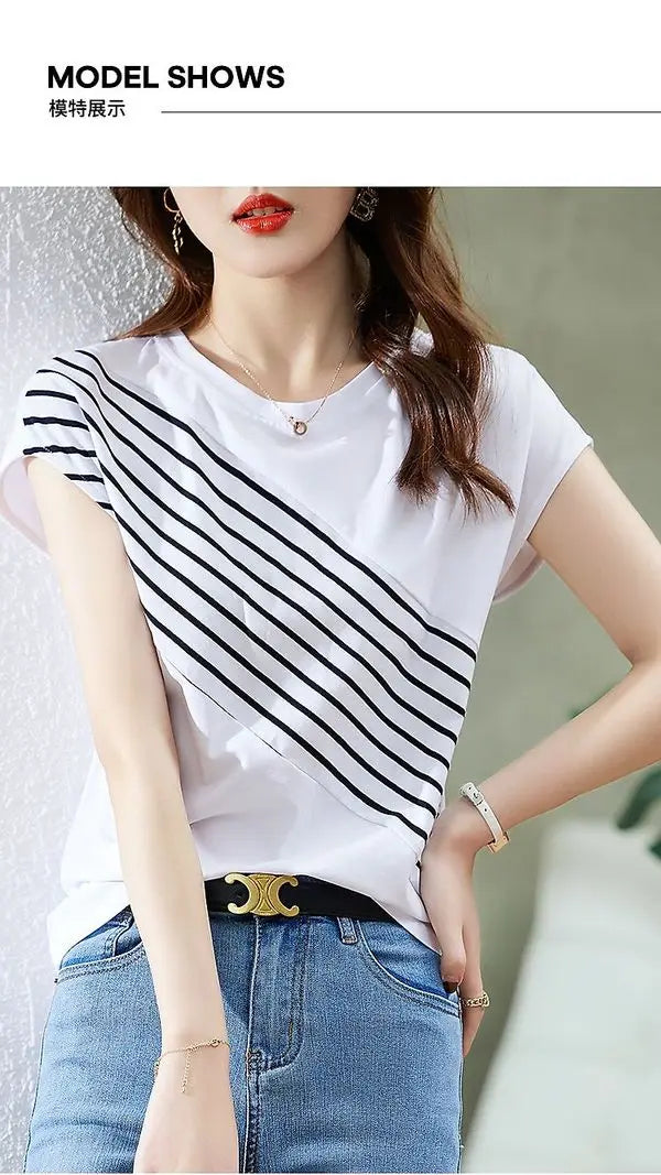 Color Block Striped Slimming T Shirt Women Casual Short Sleeve Top.