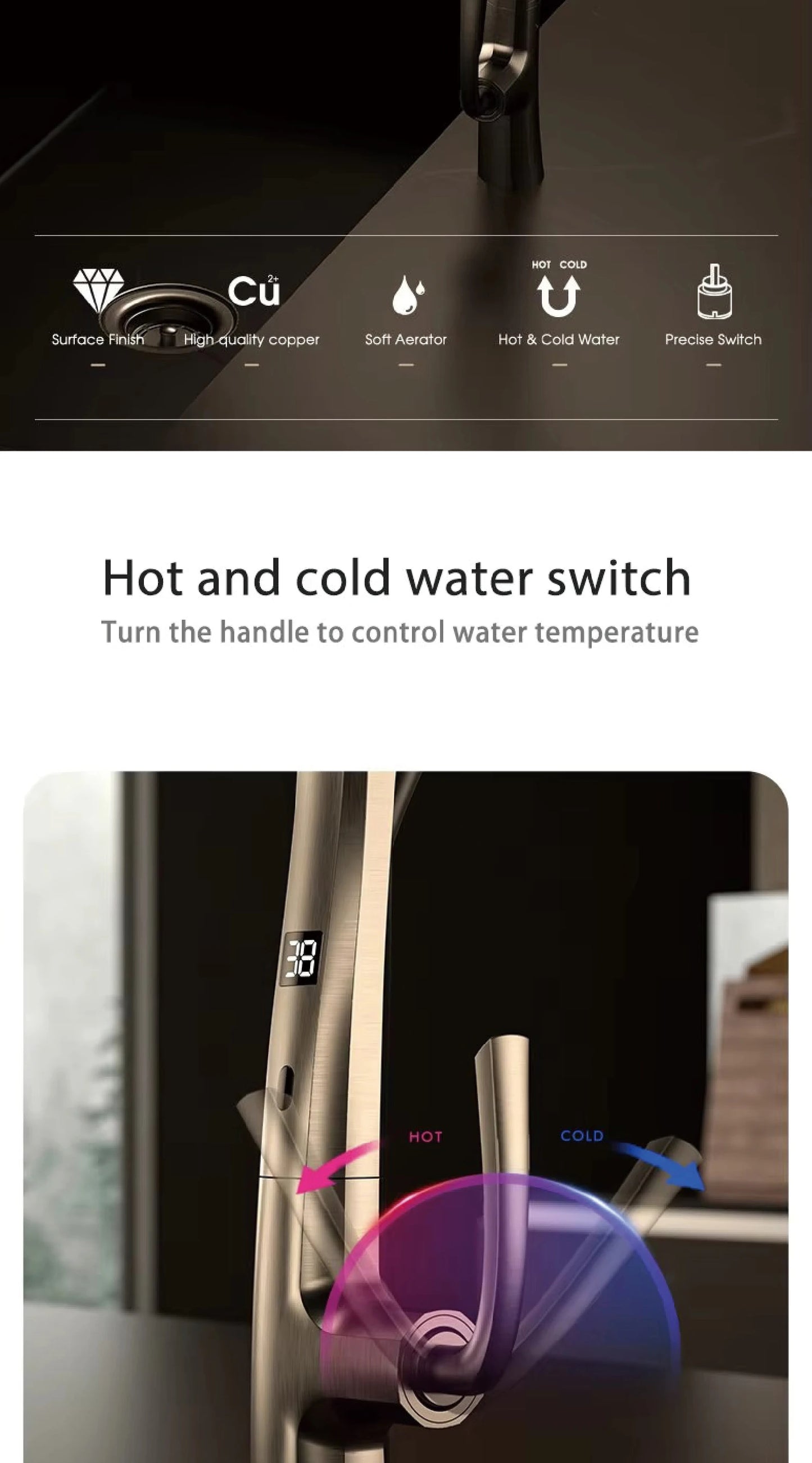 AITANA Gun Grey Luxury Brass LED Display Kitchen Faucet，Touchless Sensor，Pull-Out 3-Function Spray Water-Saving SinK Mixer